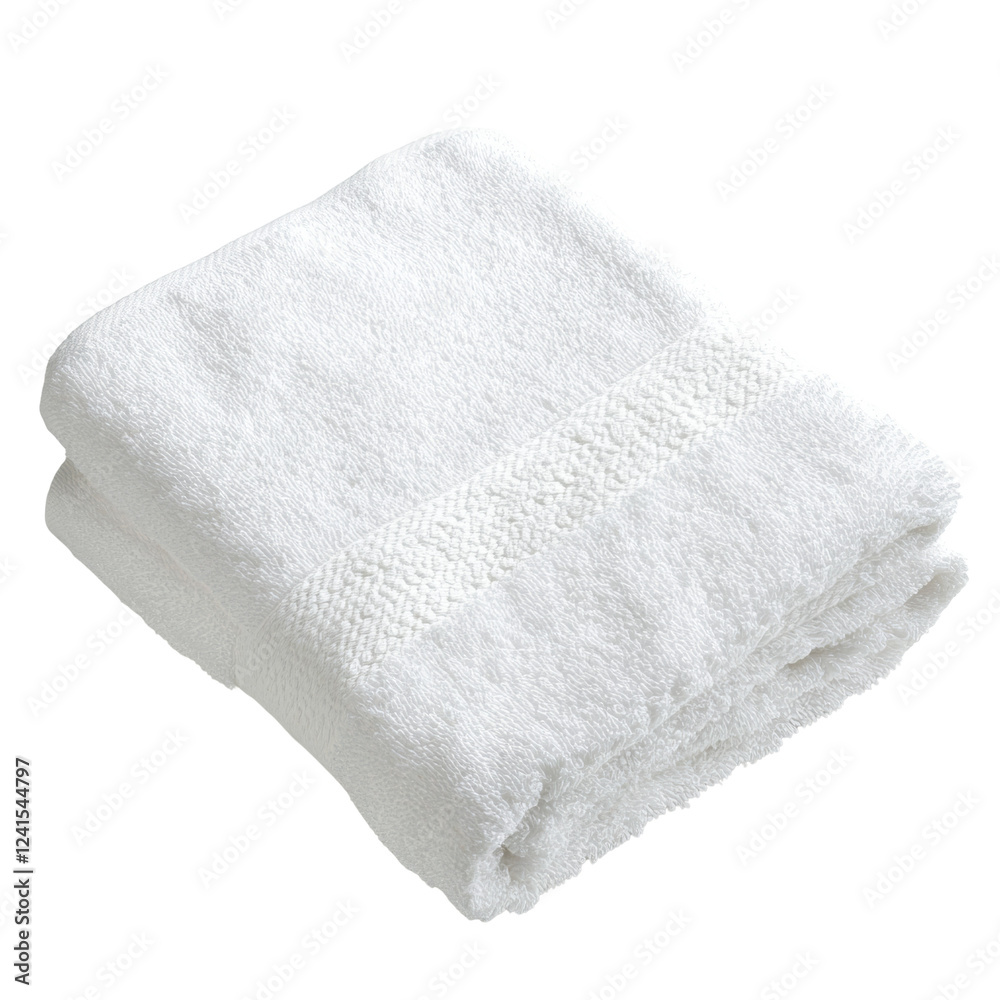 The image shows a folded white bath towel, highlighting its texture and softness against a black background. The image shows a folded white bath towel, highlighting its texture and softness against a black background.