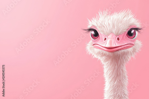 Adorable baby ostrich with large eyes and fluffy white feathers smiles on a gradient pink background photo