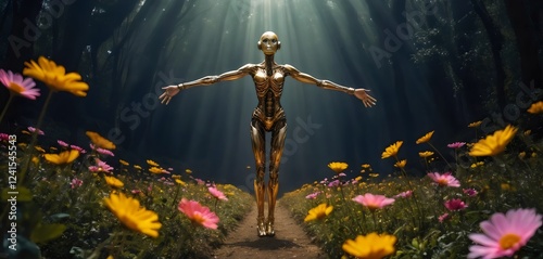 extraterrestre robotico en medio de un jardin de flores 