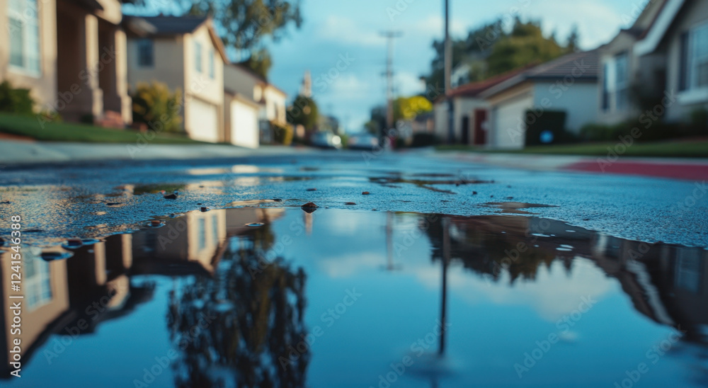 Fototapeta premium Close-up view of clear water puddles on a suburban street capturing reflections of nearby homes and a blue sky during daytime