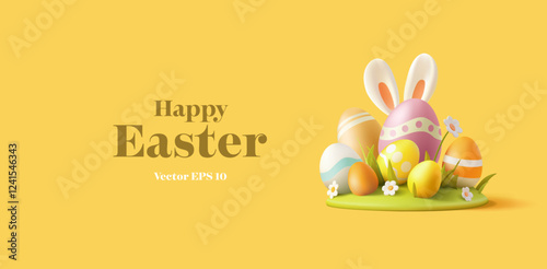 Cute scene for Easter greetings, 3D. Easter eggs, flowers, grass, bunny ears. Modern banner for advertising concepts. Vector