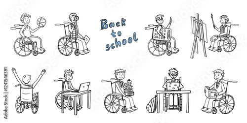 Large set of teen boy in a wheelchair. Inclusive education. Inclusivity. School students. School kids in a wheelchair. Back to school. Doodle style. Great for banner, posters, professional design.