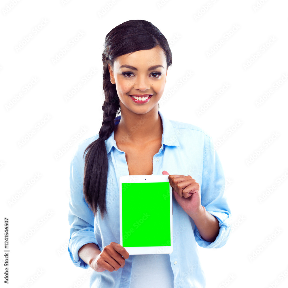 Portrait, happy woman and tablet with green screen for social media, homepage or website. Black person, consultant and smile for announcement on isolated or transparent png background on internet Portrait, happy woman and tablet with green screen for social media, homepage or website. Black person, consultant and smile for announcement on isolated or transparent png background on internet