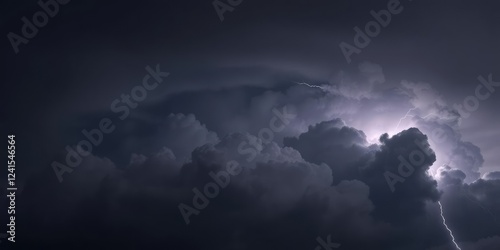 Dark grey sky with thick, billowy clouds and lightning illuminating the clouds in bright white, darkening sky, northern illinois, lightning flash