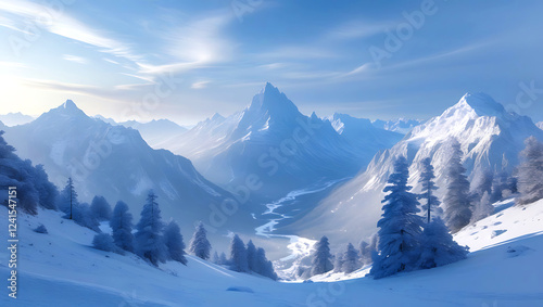 Wallpaper Mural Beautiful winter mountains panorama with snow covered peaks and coniferous forest. Generative AI Torontodigital.ca