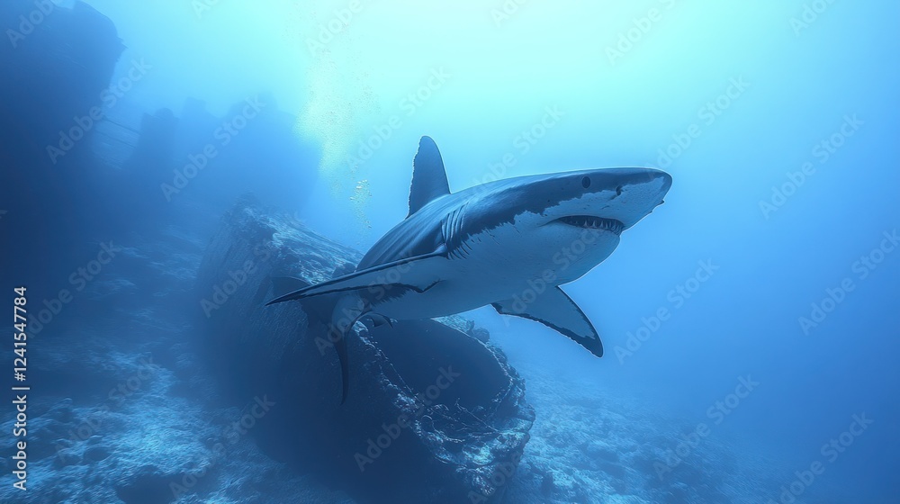 Fototapeta premium Great white shark swims near shipwreck; diver in background; ocean wildlife