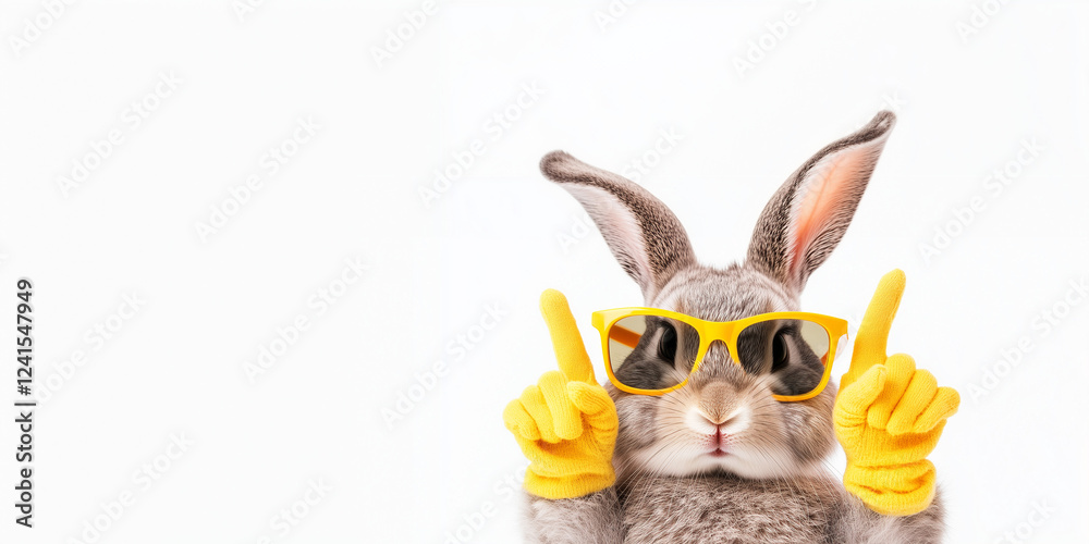 Funny rabbit in yellow glasses and yellow gloves pointing up isolated on white background