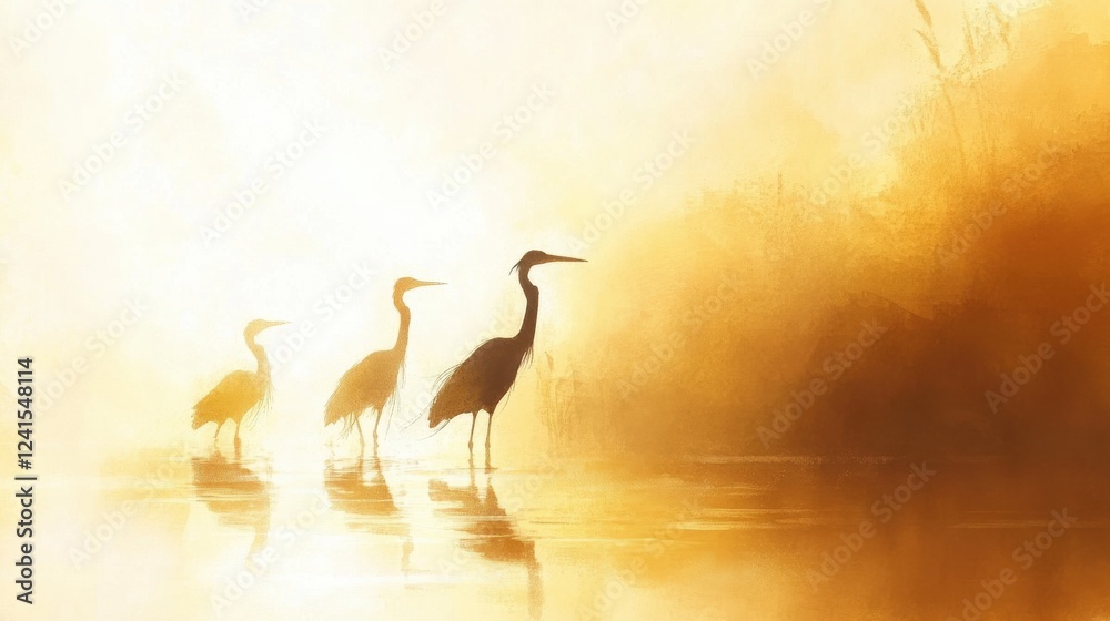 Naklejka premium Herons Fishing at Sunrise with Soft Light Reflections