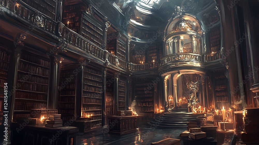 Fototapeta premium An Ethereal Library with Candlelight and Bookshelves