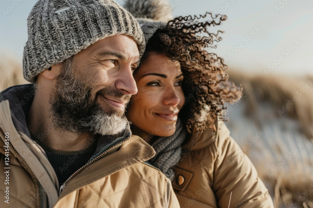 Portrait of a content mixed race couple in their 40s dressed in a warm ski hat while standing against serene dune landscape background Portrait of a content mixed race couple in their 40s dressed in a warm ski hat while standing against serene dune landscape background