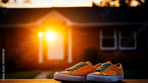 A pair of shoes left in front of an empty house