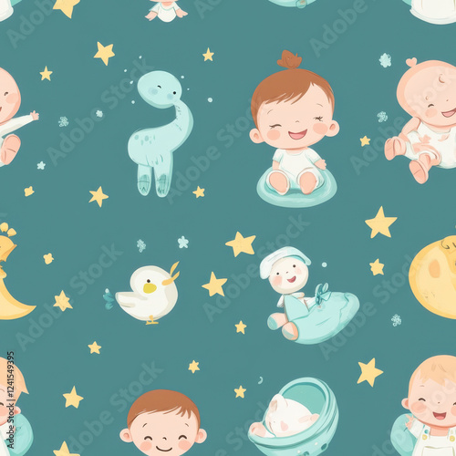 Seamless pattern with cute sleeping babies, stars, moon and clouds on blue background