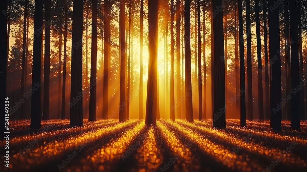 Majestic Sunrise Through Tall Trees Creating Stunning Sunlight Rays in Forest Landscape Majestic Sunrise Through Tall Trees Creating Stunning Sunlight Rays in Forest Landscape