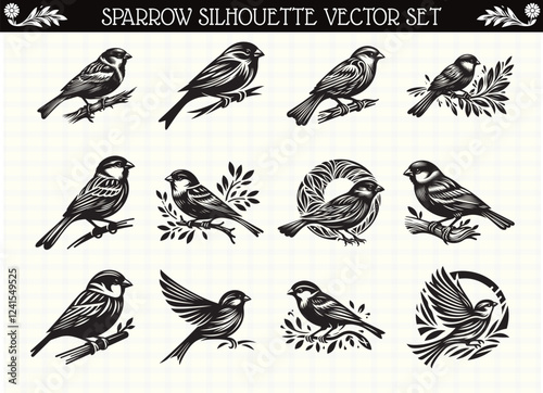 Sparrow Silhouette Set Black Color Bird Clipart for Logos and Designs