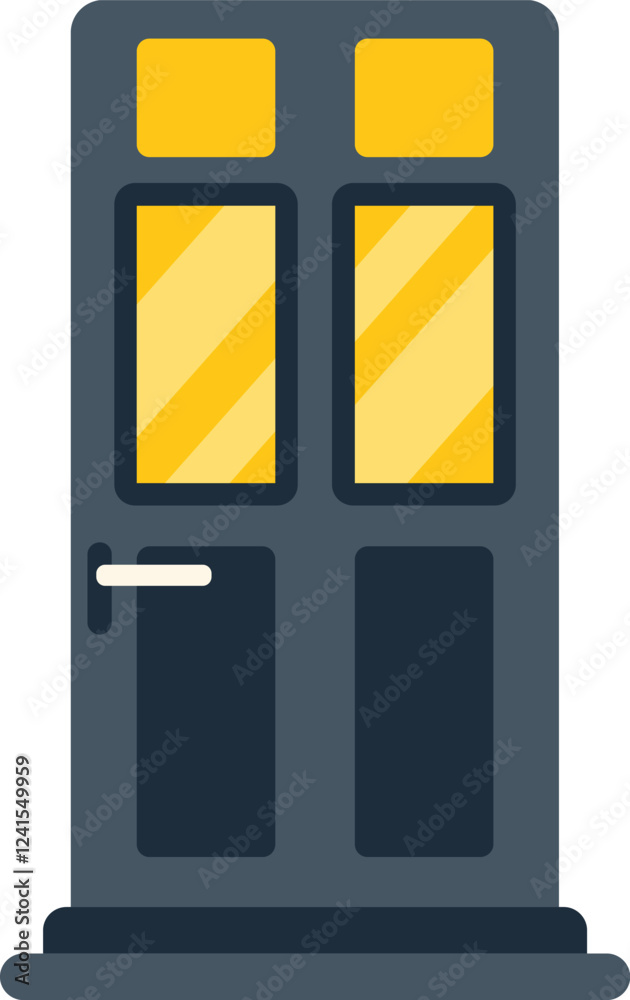 Closed front door with yellow light shining through glass panels, creating a warm and inviting atmosphere Closed front door with yellow light shining through glass panels, creating a warm and inviting atmosphere