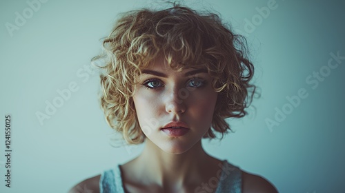 portrait of a young woman with short curly hair and blue eyes looking directly into the camera 