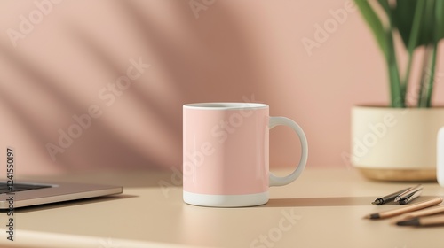 branded mug on a stylish desk, surrounded by modern office essentials like pens, a laptop