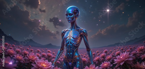 extraterrestre robotico en medio de un jardin de flores 