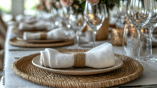 Elegant outdoor wedding table setting with linen napkins, plates, and woven chargers photo