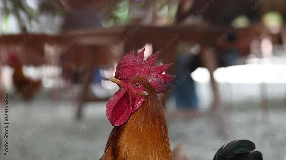 Gallo cafe con cresta roja mirando a la cámara
