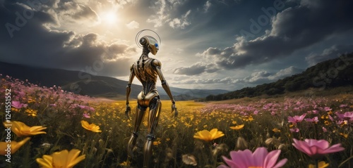 extraterrestre robotico en medio de un jardin de flores 