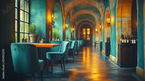 Fototapeta Naklejka Na Ścianę i Meble -  Elegant restaurant interior, arched hallway, teal decor, warm lighting, romantic ambiance, ideal for menus, websites