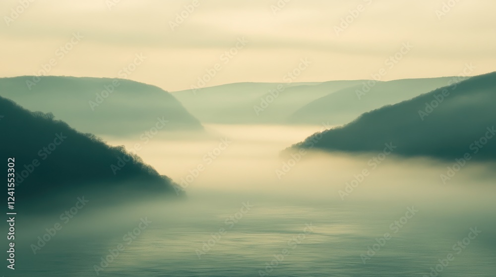 Fototapeta premium Misty River Valley in Soft Light and Foggy Atmosphere