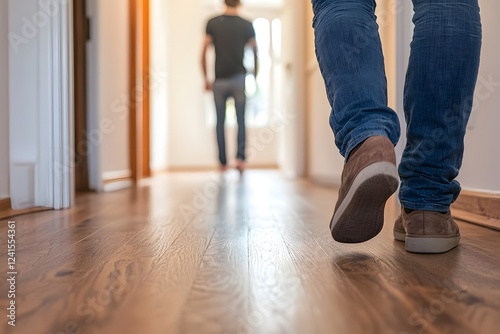 Man Walking Away Down Hallway Hardwood Floor Leaving Departure Jeans Brown Shoes