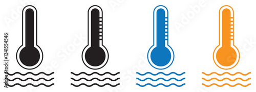 Flat line water temperature thermometer icon. Pool and sSea water indicator