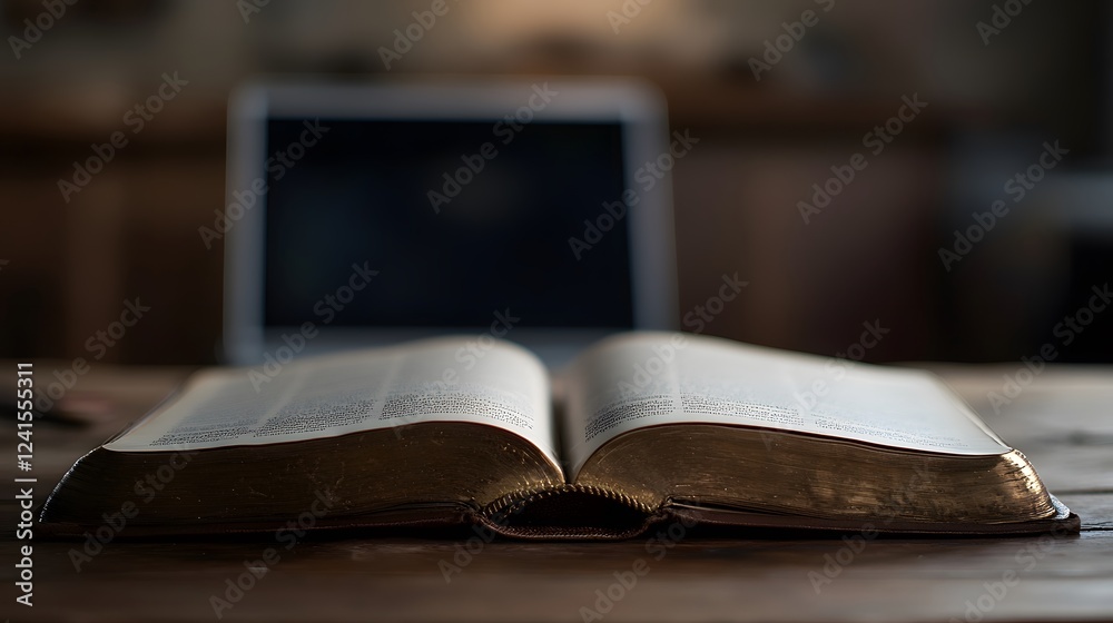 Obraz premium Close-up of an open book with a blurred laptop in the background 