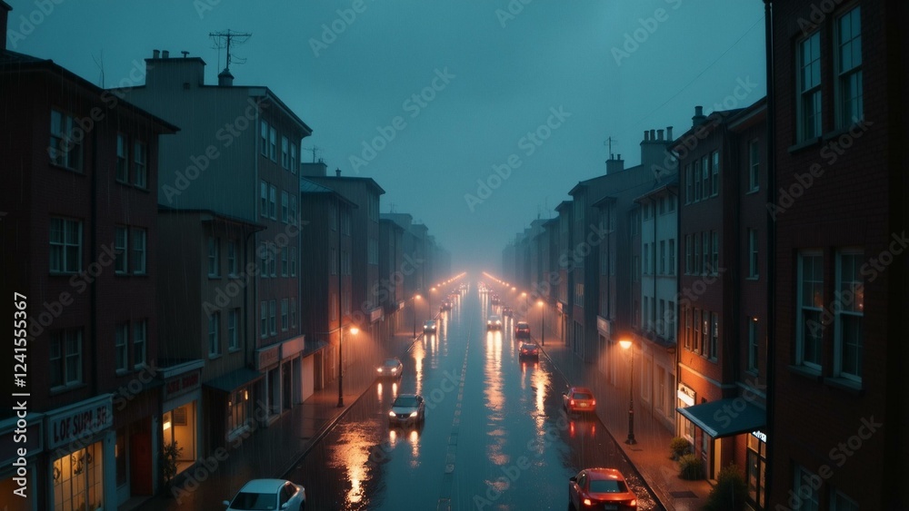 Fototapeta premium Labyrinthine cityscape with neon lights, torrential digital rain, and wet-on-wet reflective tones.