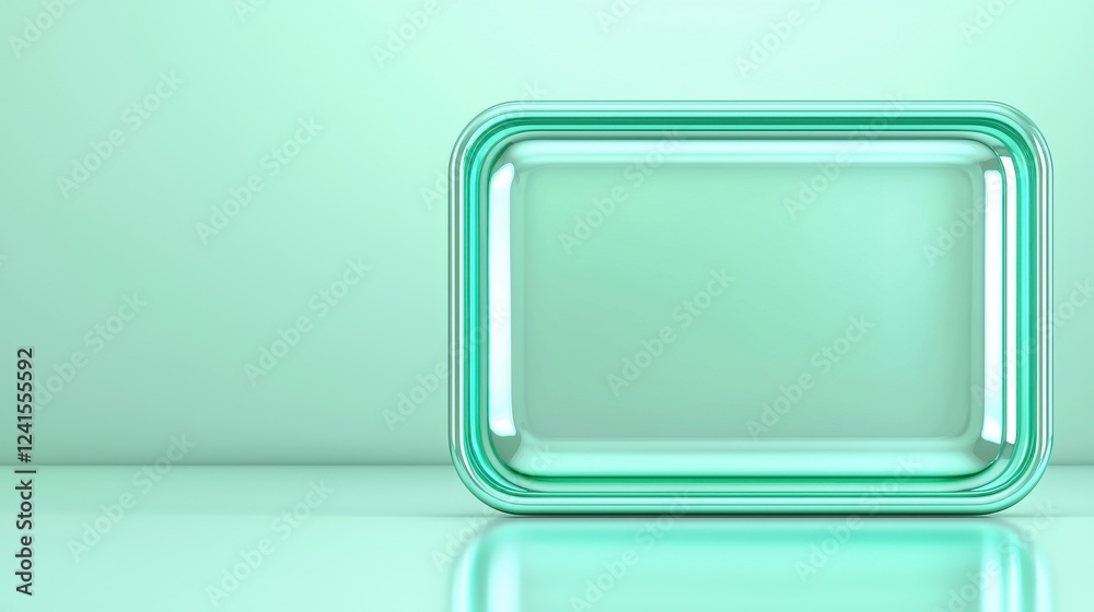 Transparent rectangular frame with soft green hue on smooth surface in minimalistic setting Transparent rectangular frame with soft green hue on smooth surface in minimalistic setting