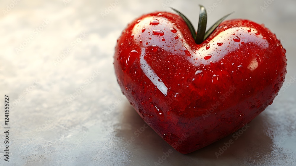 Fototapeta premium Heart Shaped Strawberry with Dew Drops on Marble Surface
