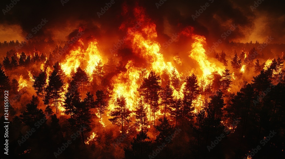 Night wildfire engulfing forest; smoke-filled sky Night wildfire engulfing forest; smoke-filled sky