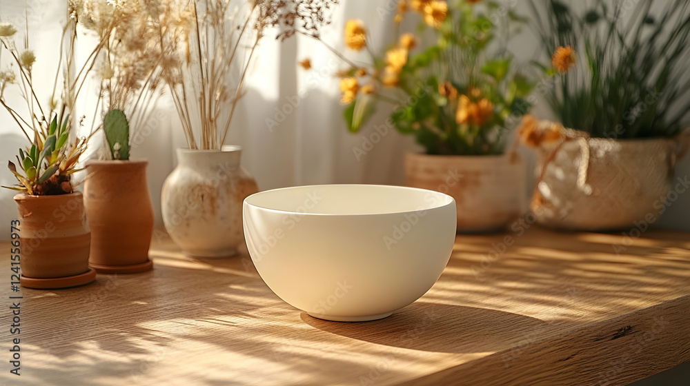 Empty bowl on wooden table, sunlit window, plants Empty bowl on wooden table, sunlit window, plants