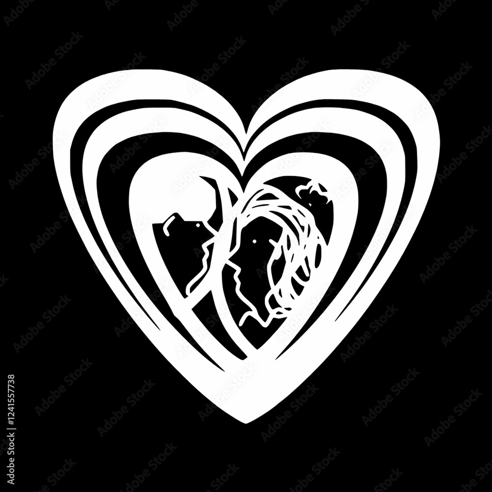 This black-and-white digital artwork features a stylized heart with a layered, concentric design. At its center, the silhouette of a couple is depicted facing each other, drawn in a minimalist and abs This black-and-white digital artwork features a stylized heart with a layered, concentric design. At its center, the silhouette of a couple is depicted facing each other, drawn in a minimalist and abs