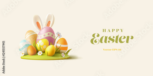 Happy Easter. 3D spring Easter scene, Easter eggs, bunny ears, daisies, grass. Banner for advertising and greetings. Vector