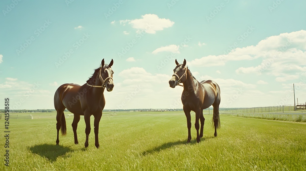 Two Thoroughbred Horses Conversing on a Grassy Racing Track on a Sunny Day Two Thoroughbred Horses Conversing on a Grassy Racing Track on a Sunny Day