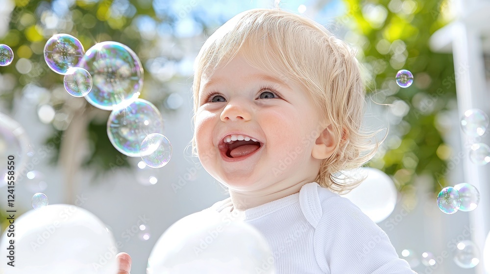 Happy baby playing with bubbles outdoors Happy baby playing with bubbles outdoors