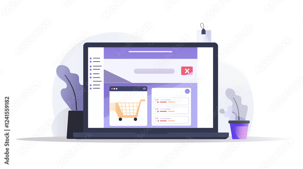 E-commerce website interface on a laptop screen with shopping cart.
E-commerce website interface on a laptop screen with shopping cart.