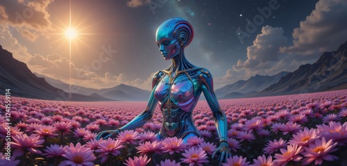 extraterrestre robotico en medio de un jardin de flores 