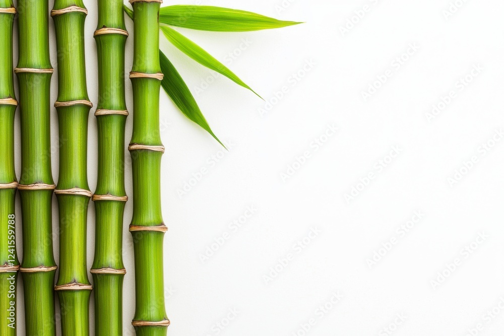 Obraz premium Fresh Green Bamboo Stalks with Leaves on White Background for Minimalist Nature Decor or Wellness Themes