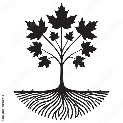 Simple Maple Tree Silhouette with Roots Illustration