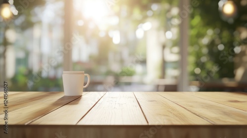 Empty white coffee cup on wooden table, cafe view photo