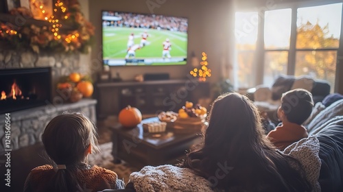 Family cozy autumn evening watching football game on TV.
