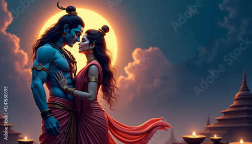 Romantic divine couple under the moonlight in a mystical setting