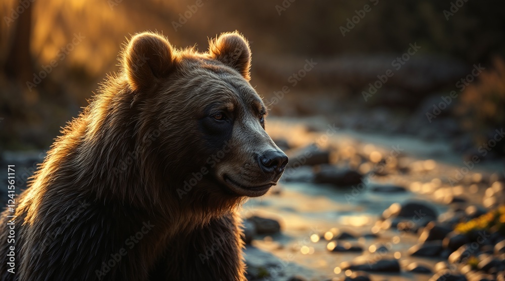 Fototapeta premium A bear with a thoughtful look near a mountain stream, a foggy forest in the background, a warm golden glow. Educational materials, Biology, Nature conservation, Infographics, zoo, tourism