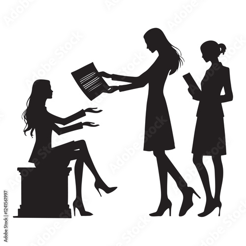 Businesswomen Collaborating on Documents Silhouette Vector Art