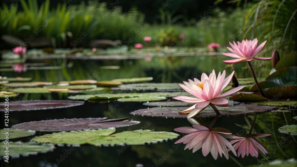 Delicate pink waterlily petals are reflected in the calm surface of a black lotus pond, surrounded by lush greenery and vibrant aquatic life, pond, black background, floral, water garden, reflection Delicate pink waterlily petals are reflected in the calm surface of a black lotus pond, surrounded by lush greenery and vibrant aquatic life, pond, black background, floral, water garden, reflection