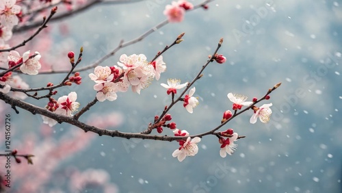 Delicate red cherry blossom branches against a soft gray-blue background with subtle pink undertones and white accents, spring inspiration, branch design, gray blue, delicate flowers photo